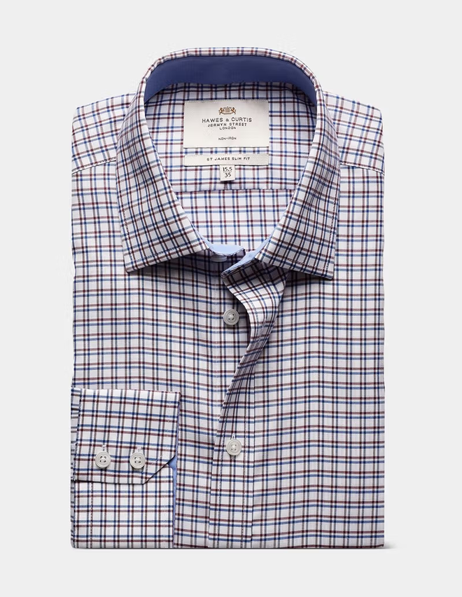 Hawes & Curtis Slim Fit Blue & Red Check Non-Iron Shirt - Contrast Detail
