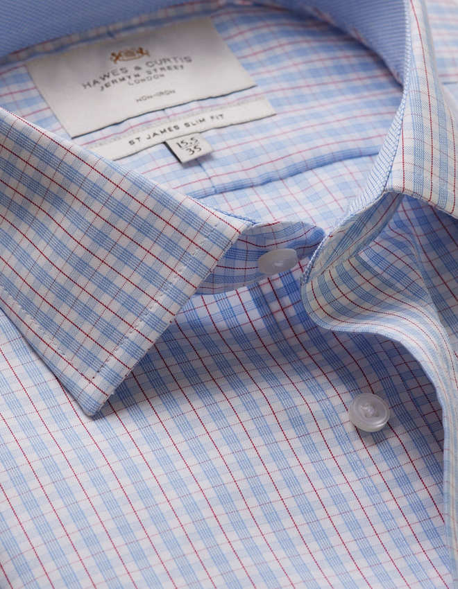 Hawes & Curtis Slim Fit Blue & Red Check Non-Iron Shirt - Contrast Detail