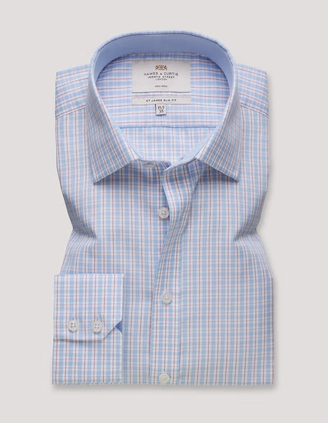Hawes & Curtis Slim Fit Blue & Red Check Non-Iron Shirt - Contrast Detail