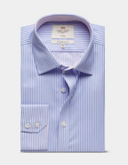 Hawes & Curtis Slim Fit Blue & White Bengal Stripe Twill Non-Iron Shirt - Contrast Detail