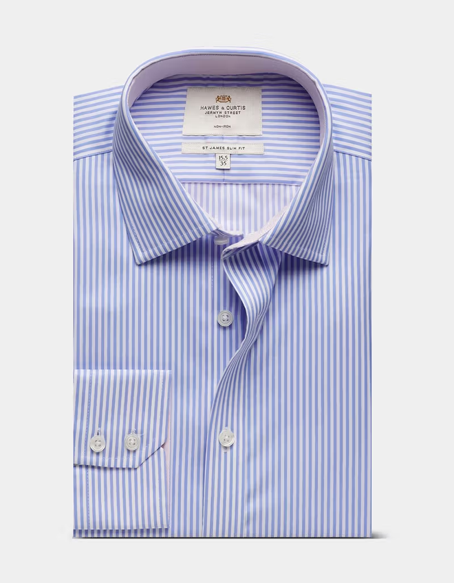 Hawes & Curtis Slim Fit Blue & White Bengal Stripe Twill Non-Iron Shirt - Contrast Detail