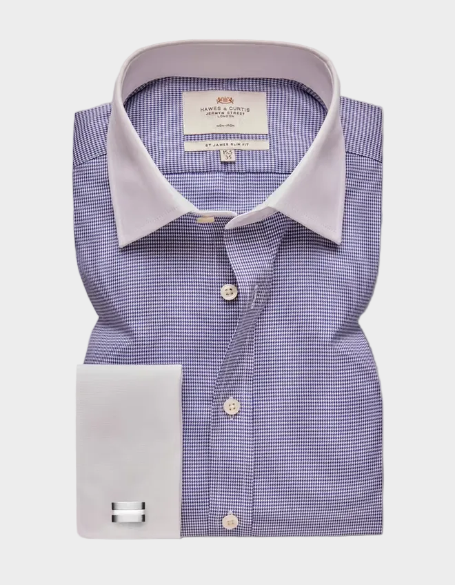 Hawes & Curtis Slim Fit Navy & White Dogtooth Twill Non-Iron Shirt - Contrast Detail