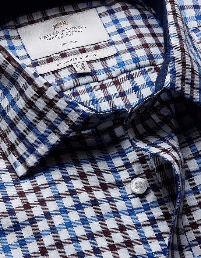 Hawes & Curtis Slim Fit Blue & Brown Check Non-Iron Shirt - Contrast Detail