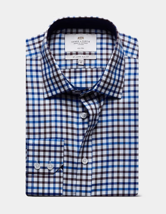 Hawes & Curtis Slim Fit Blue & Brown Check Non-Iron Shirt - Contrast Detail