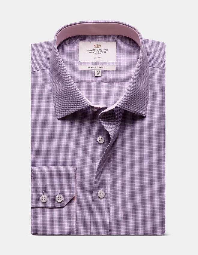 Hawes & Curtis Slim Fit Blue & Purple Check Non-Iron Shirt - Contrast Detail
