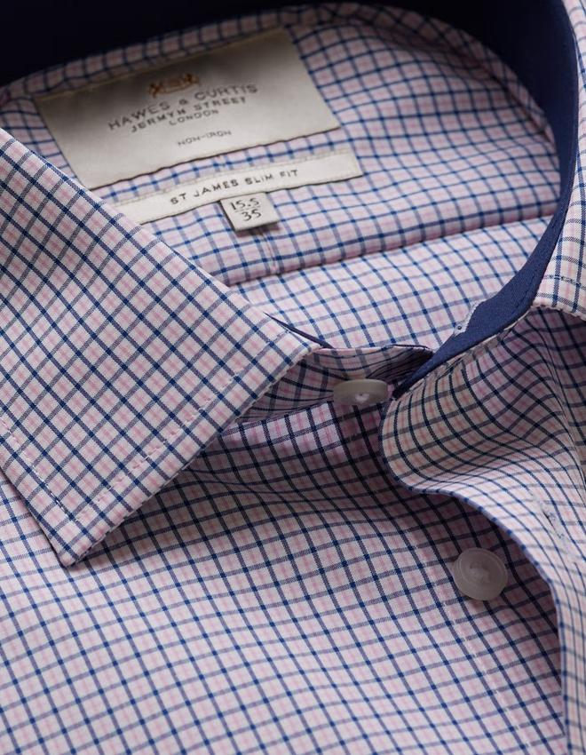Hawes & Curtis Slim Fit Pink & Navy Check Non-Iron Shirt - Contrast Detail