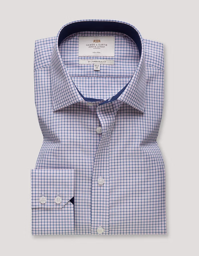 Hawes & Curtis Slim Fit Pink & Navy Check Non-Iron Shirt - Contrast Detail