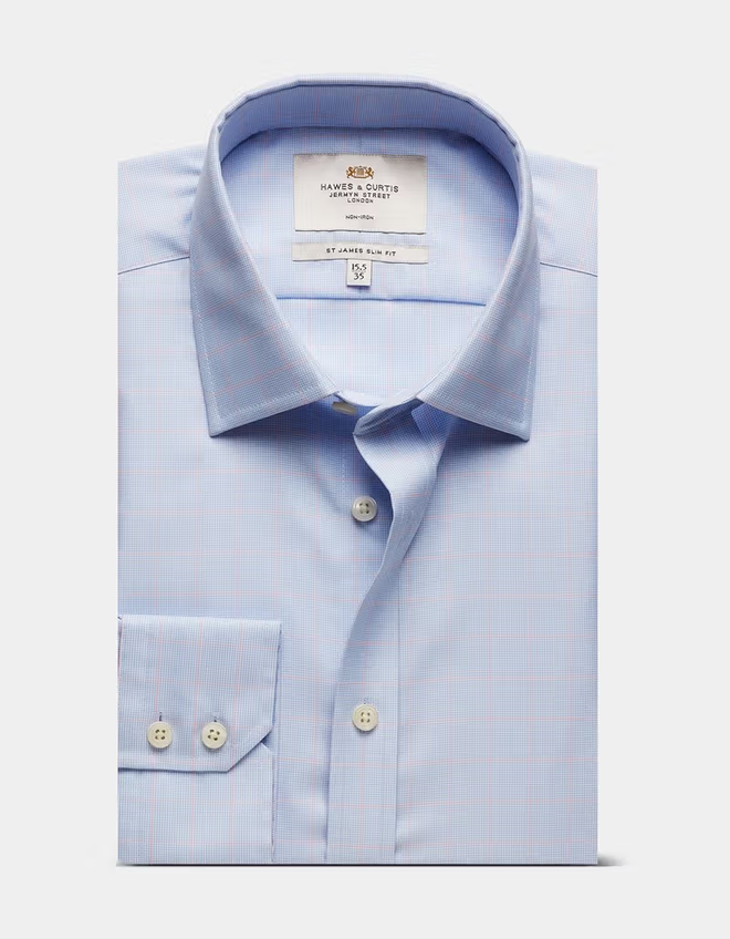 Hawes & Curtis Slim Fit Blue & Pink Check Non-Iron Shirt