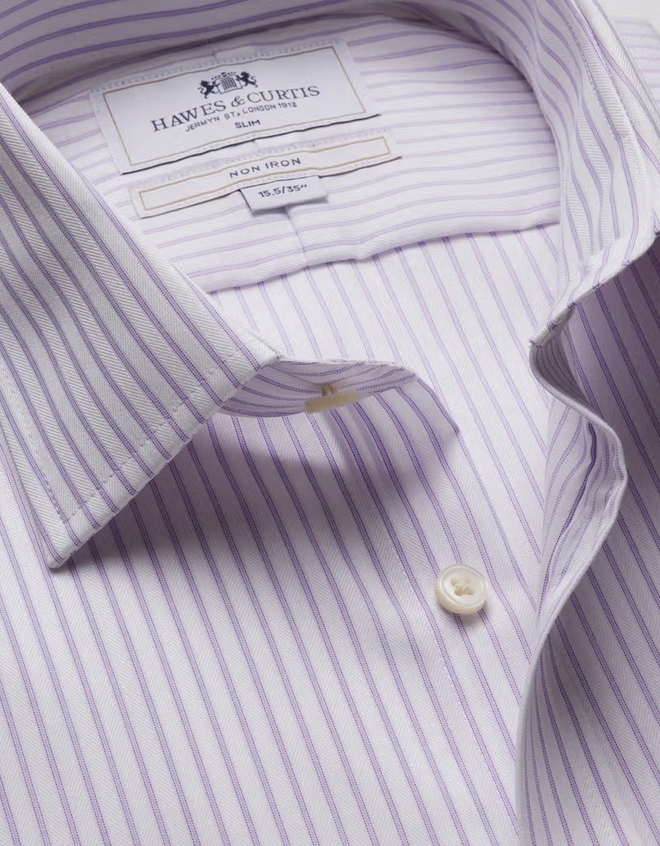 Hawes & Curtis Slim Fit Lilac & White Herringbone Stripe Non-Iron Shirt
