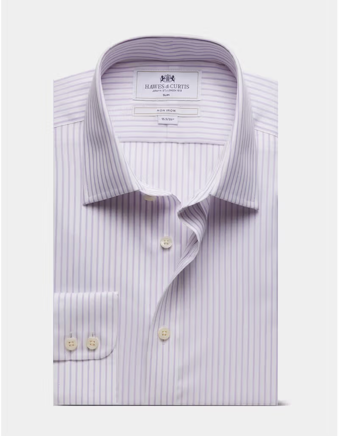 Hawes & Curtis Slim Fit Lilac & White Herringbone Stripe Non-Iron Shirt