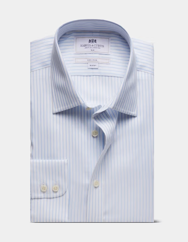 Hawes & Curtis Slim Fit Blue & White Herringbone Stripe Non-Iron Shirt