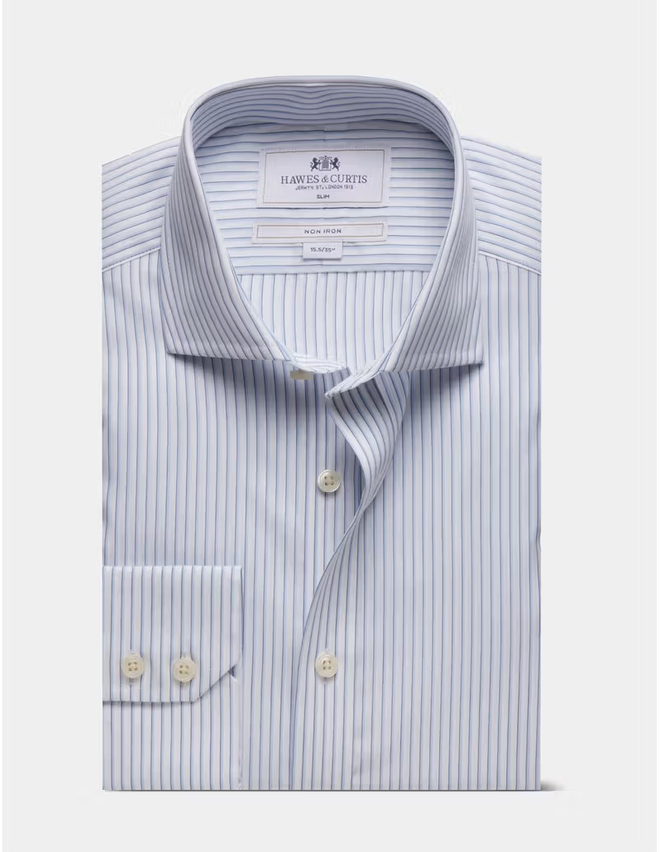 Hawes & Curtis Slim Fit Blue & White Stripe Non-Iron Shirt