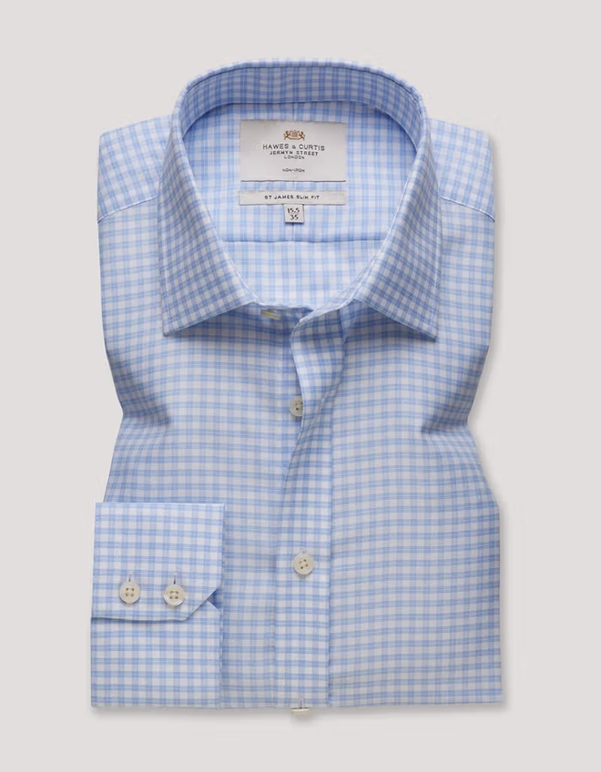 Hawes & Curtis Slim Fit Blue & White Grid Check Non-Iron Shirt