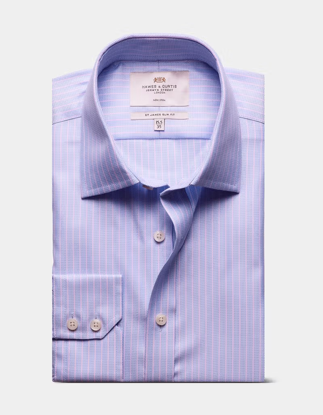 Hawes & Curtis Slim Fit Blue & Pink Textured Stripe Non-Iron Shirt