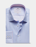Hawes & Curtis Slim Fit Blue & Pink Butcher Stripe Non-Iron Shirt - Contrast Detail