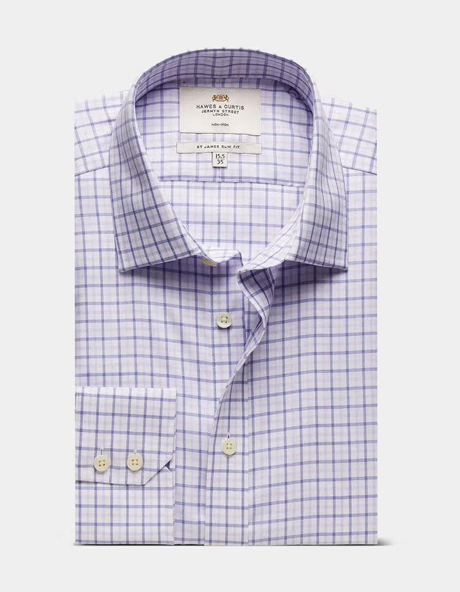 Hawes & Curtis Slim Fit Blue & Lilac Check Non-Iron Shirt