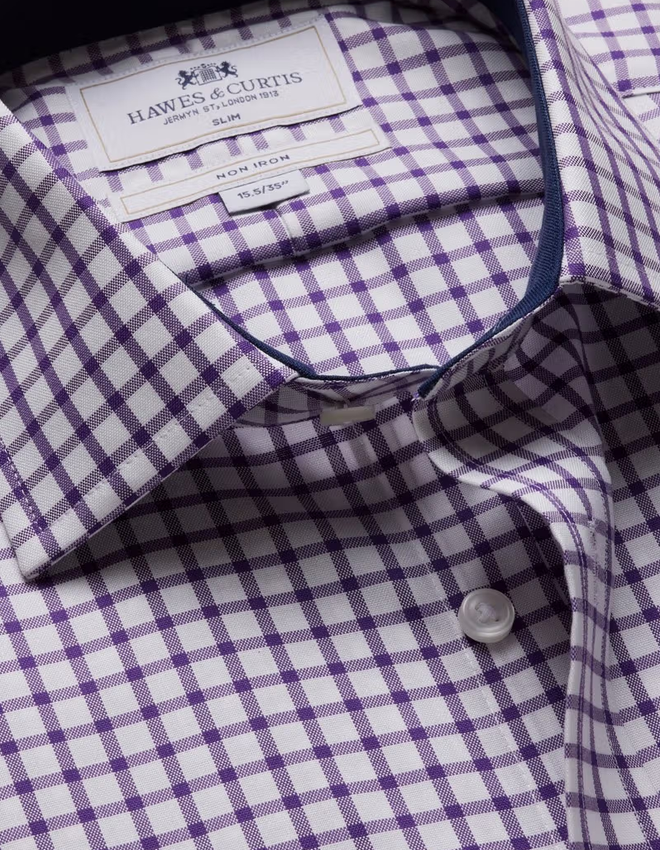 Hawes & Curtis Slim Fit Purple & White Grid Check Non-Iron Shirt - Contrast Detail