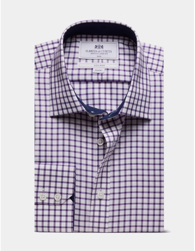 Hawes & Curtis Slim Fit Purple & White Grid Check Non-Iron Shirt - Contrast Detail