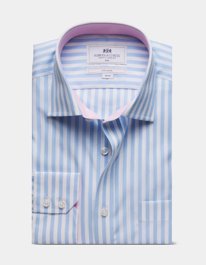 Hawes & Curtis Slim Fit Blue & White Bold Stripe Non-Iron Shirt