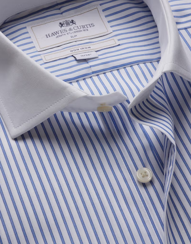 Hawes & Curtis Slim Fit Blue & White Bi Stripe Non-Iron Shirt - Contrast Detail