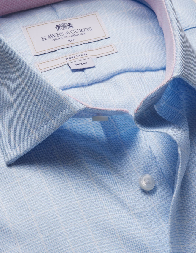 Hawes & Curtis Slim Fit Blue & White Grid Check Non-Iron Shirt - Contrast Detail