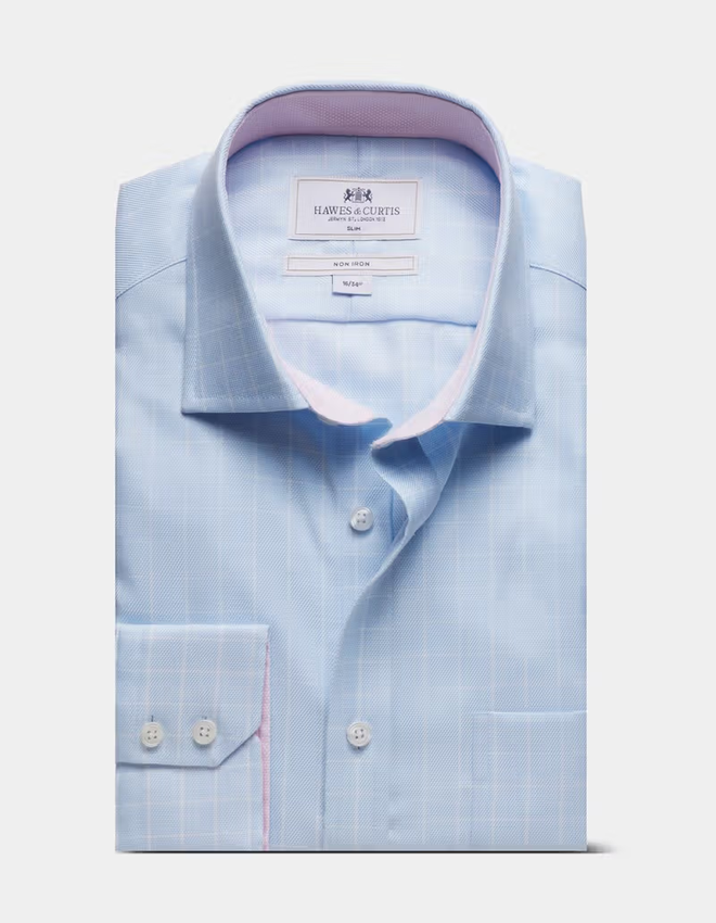 Hawes & Curtis Slim Fit Blue & White Grid Check Non-Iron Shirt - Contrast Detail