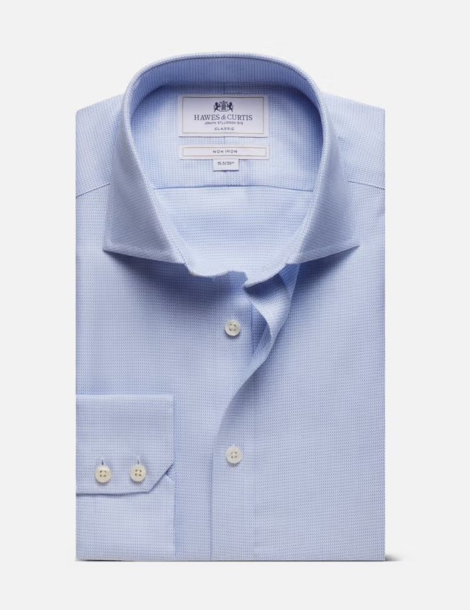 Hawes & Curtis Classic Fit Blue & White Textured Weave Non-Iron Shirt