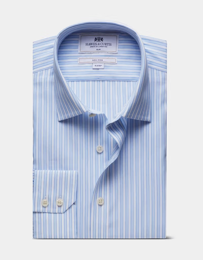 Hawes & Curtis Blue & White Guarded Stripe Non-Iron Shirt