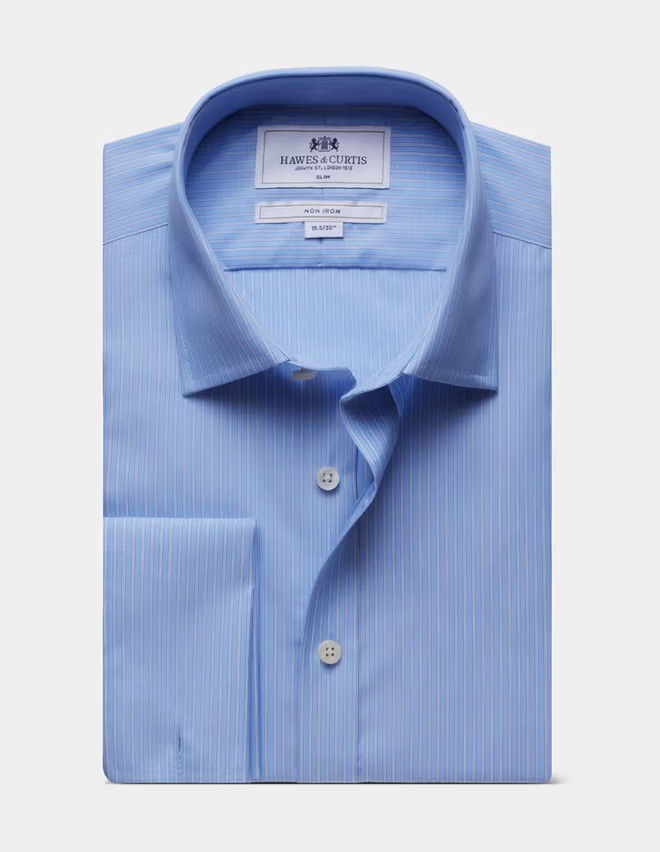 Hawes & Curtis Cornflower Blue & White Stripe Non-Iron Shirt - Slim Fit