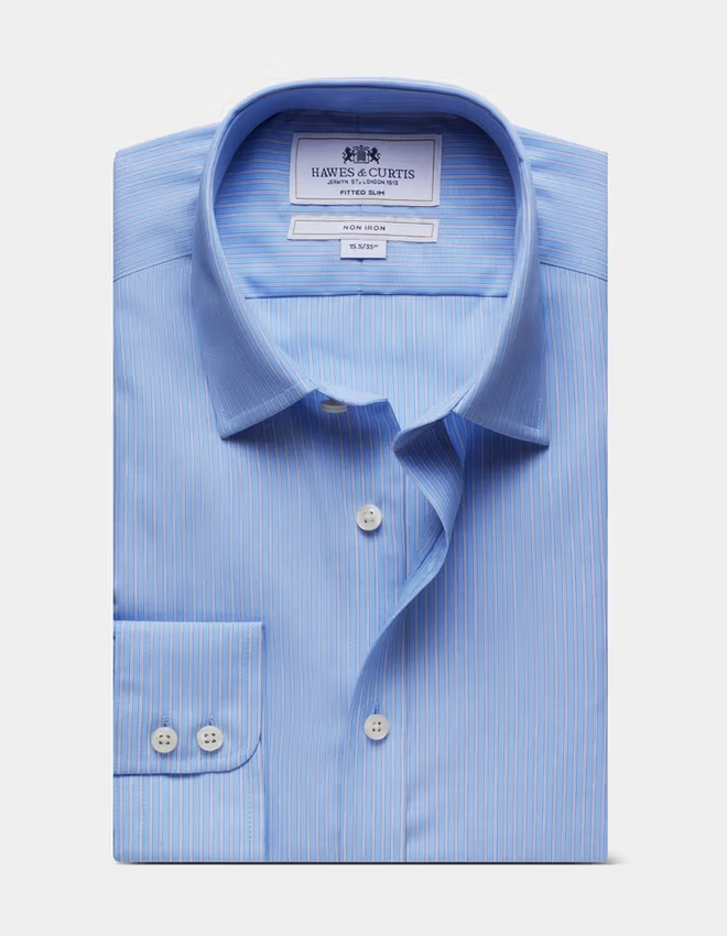 Hawes & Curtis Fitted Slim Cornflower Blue & White Stripe Non-Iron Shirt