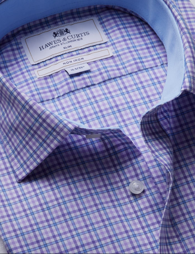 Hawes & Curtis Blue & Purple Check Non-Iron Shirt - Contrast Detail