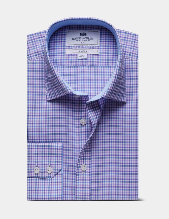 Hawes & Curtis Blue & Purple Check Non-Iron Shirt - Contrast Detail
