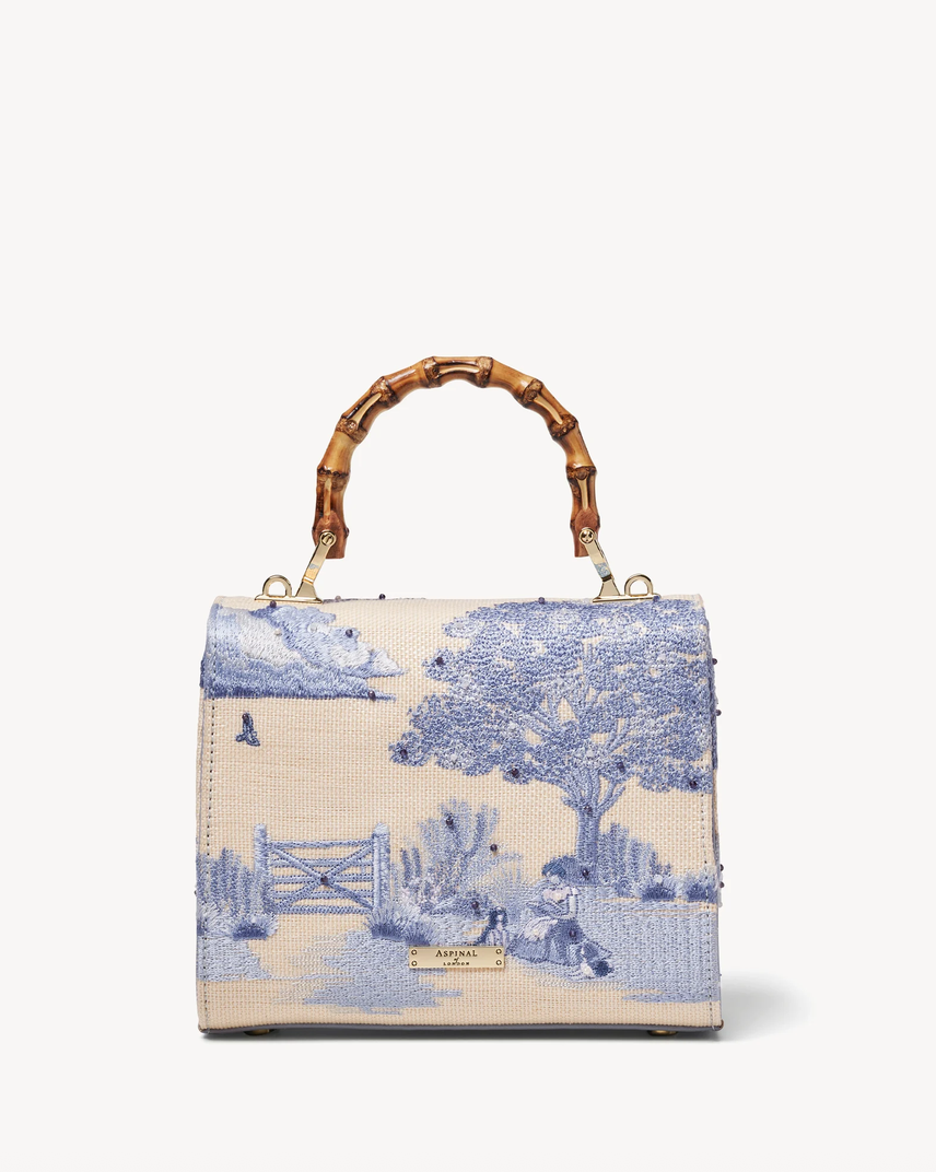 Aspinal of London Midi Mayfair® Top Handle Bag – Sky Blue Toile De Jouy Hand Embroidery on Ivory Canvas Raffia