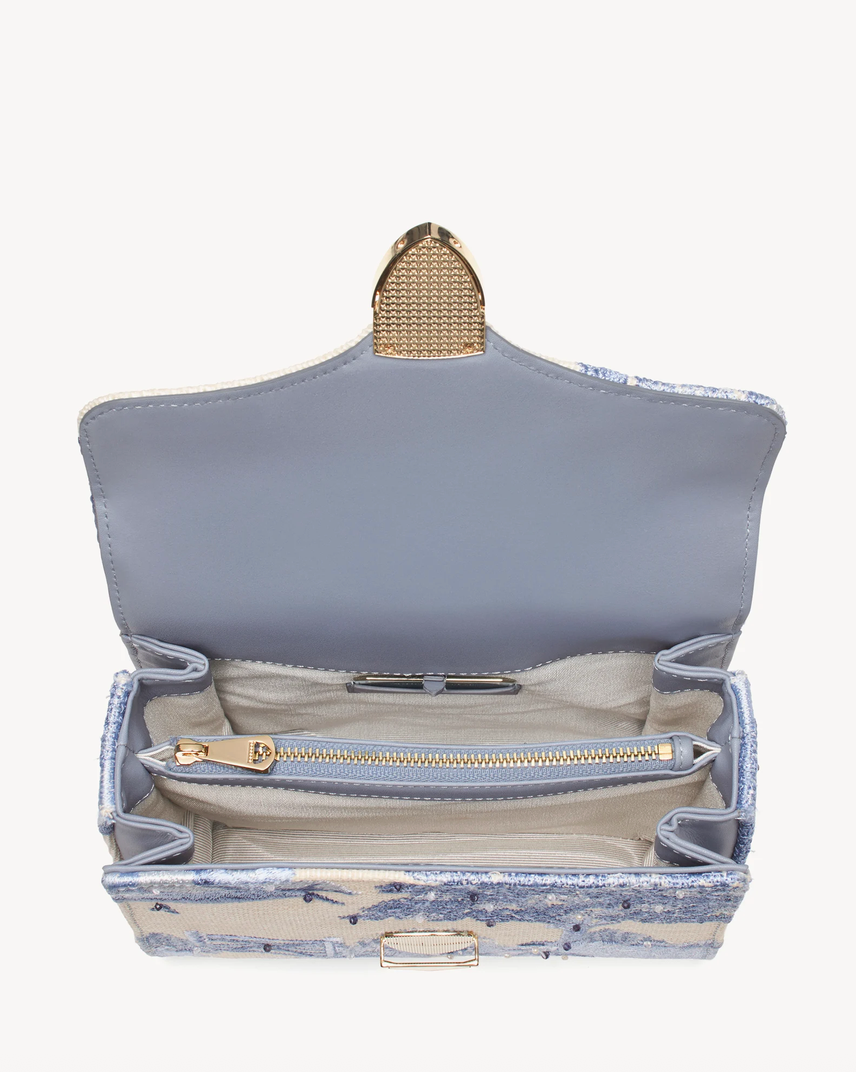 Aspinal of London Midi Mayfair® Top Handle Bag – Sky Blue Toile De Jouy Hand Embroidery on Ivory Canvas Raffia