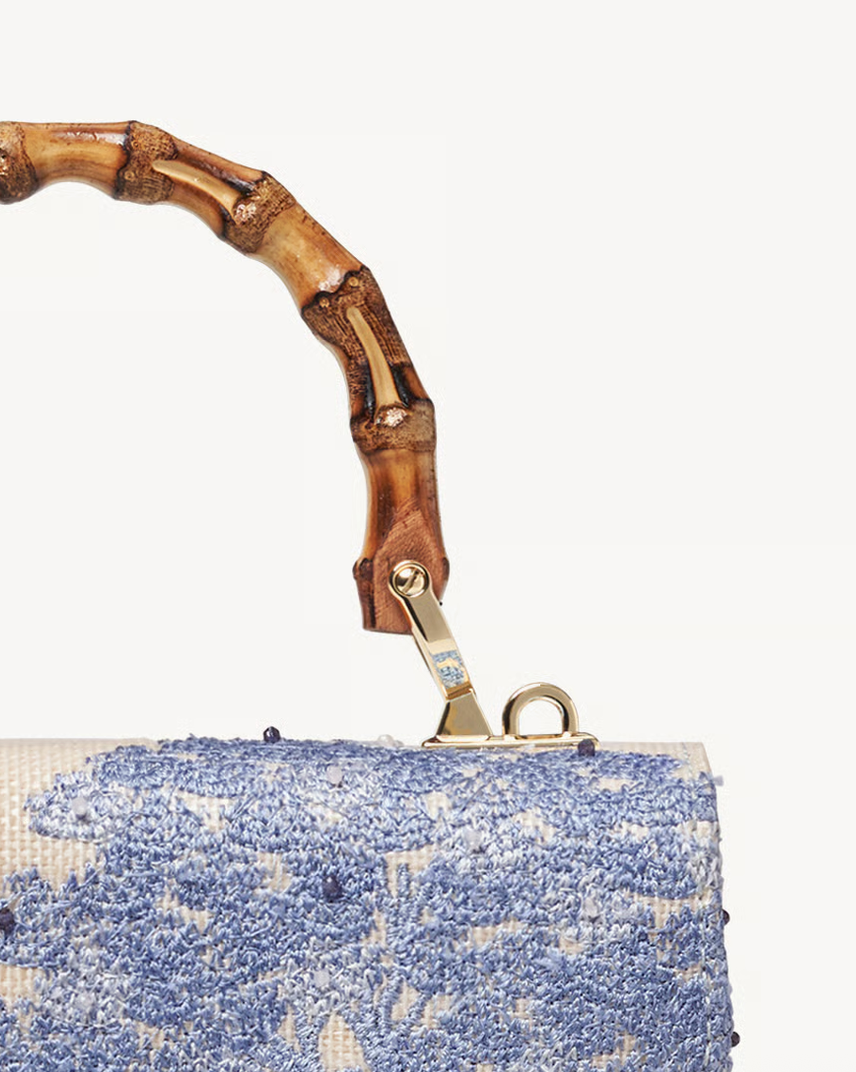 Aspinal of London Midi Mayfair® Top Handle Bag – Sky Blue Toile De Jouy Hand Embroidery on Ivory Canvas Raffia