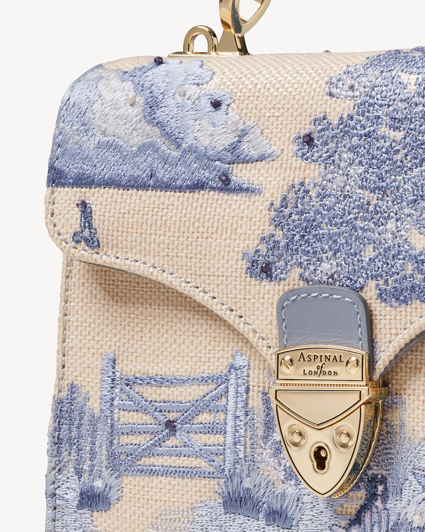 Aspinal of London Midi Mayfair® Top Handle Bag – Sky Blue Toile De Jouy Hand Embroidery on Ivory Canvas Raffia