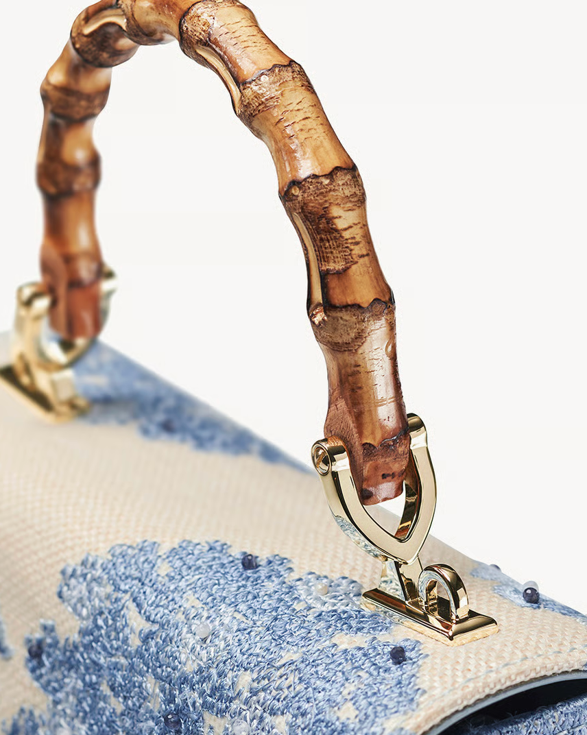 Aspinal of London Midi Mayfair® Top Handle Bag – Sky Blue Toile De Jouy Hand Embroidery on Ivory Canvas Raffia