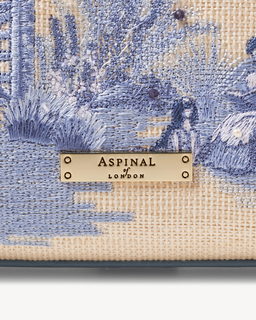 Aspinal of London Midi Mayfair® Top Handle Bag – Sky Blue Toile De Jouy Hand Embroidery on Ivory Canvas Raffia