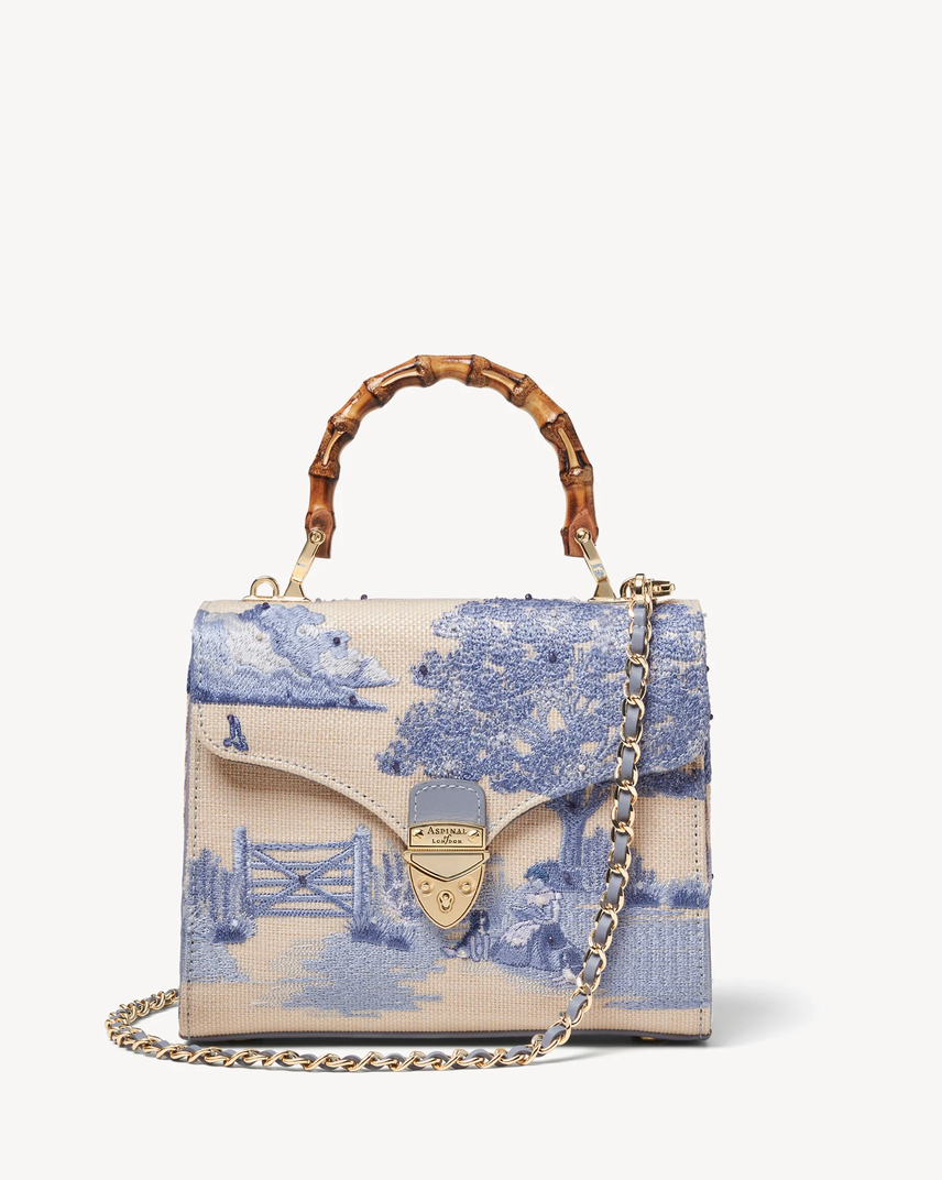 Aspinal of London Midi Mayfair® Top Handle Bag – Sky Blue Toile De Jouy Hand Embroidery on Ivory Canvas Raffia