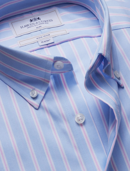 Hawes & Curtis Blue & Pink Bold Stripe Pin Point Non-Iron Oxford Shirt