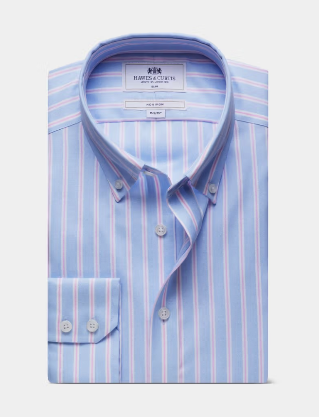 Hawes & Curtis Blue & Pink Bold Stripe Pin Point Non-Iron Oxford Shirt