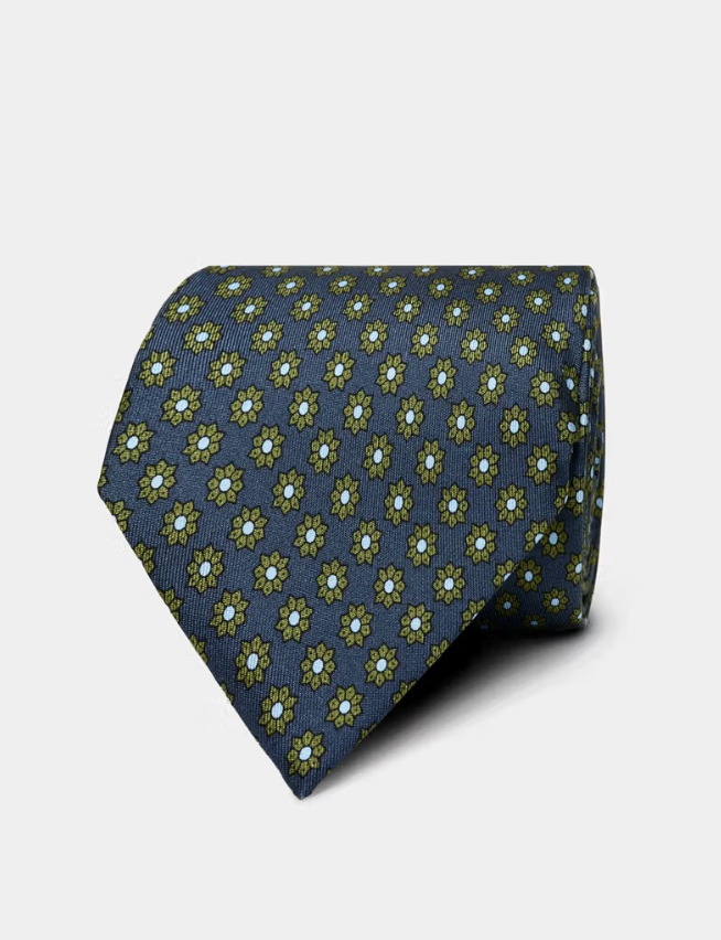Hawes & Curtis Navy & Green Floral Foulard 1913 Tie