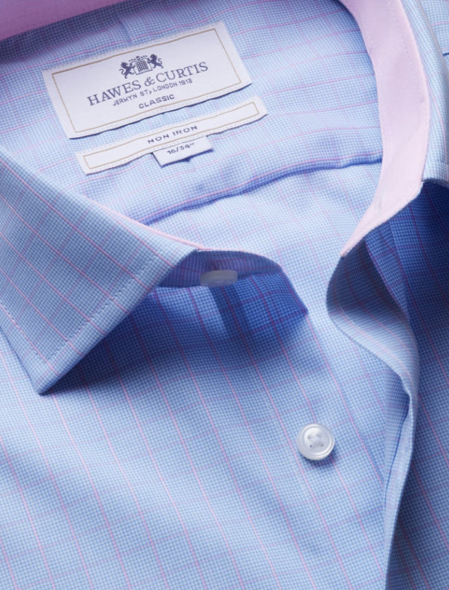 Hawes & Curtis Blue & Pink Windowpane Check Non-Iron Shirt