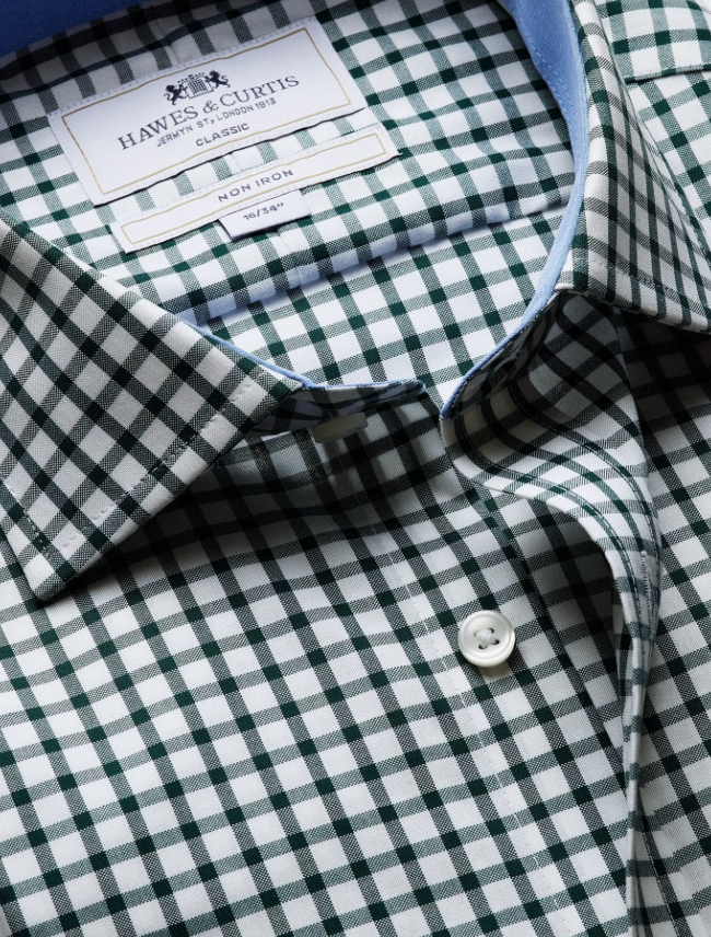 Hawes & Curtis Green & White Grid Check Non-Iron Shirt - Contrast Detail - Chest Pocket