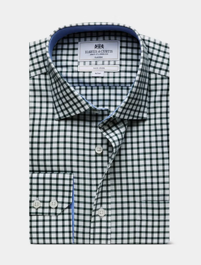 Hawes & Curtis Green & White Grid Check Non-Iron Shirt - Contrast Detail - Chest Pocket