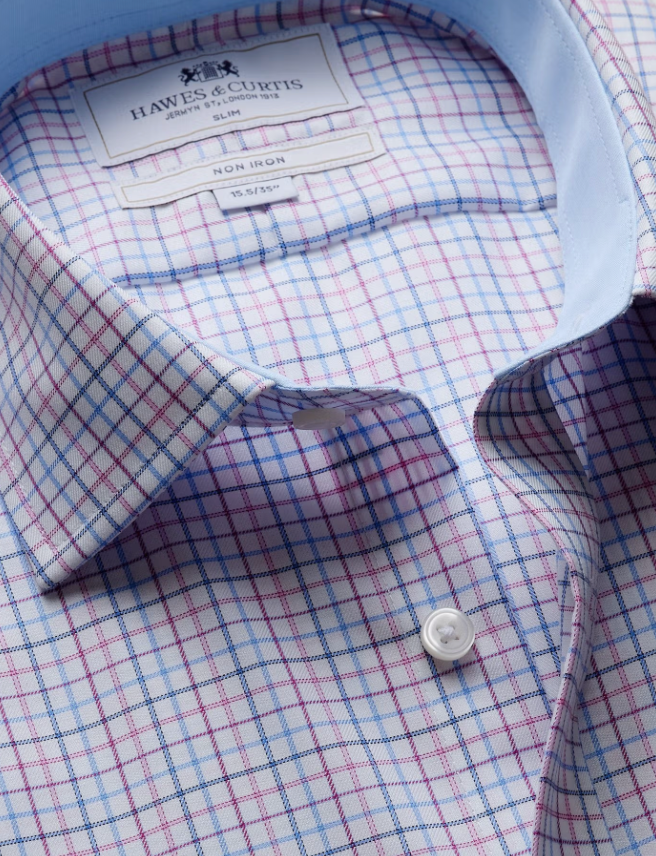 Hawes & Curtis Blue & Pink Multi Check Non-Iron Shirt - Contrast Detail