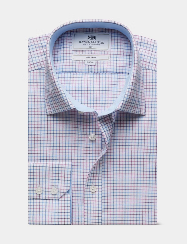 Hawes & Curtis Blue & Pink Multi Check Non-Iron Shirt - Contrast Detail