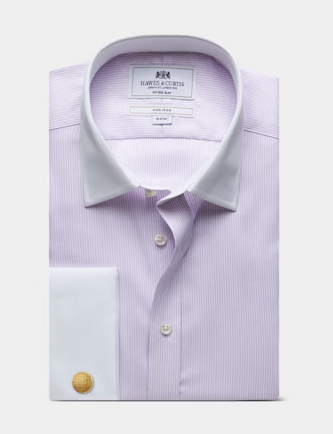 Hawes & Curtis Lilac & White Fine Stripe Non-Iron Shirt - Contrast Detail
