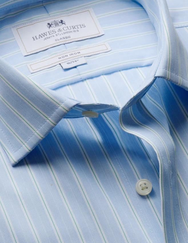 Hawes & Curtis Blue & Green End on End Stripe Non-Iron Shirt