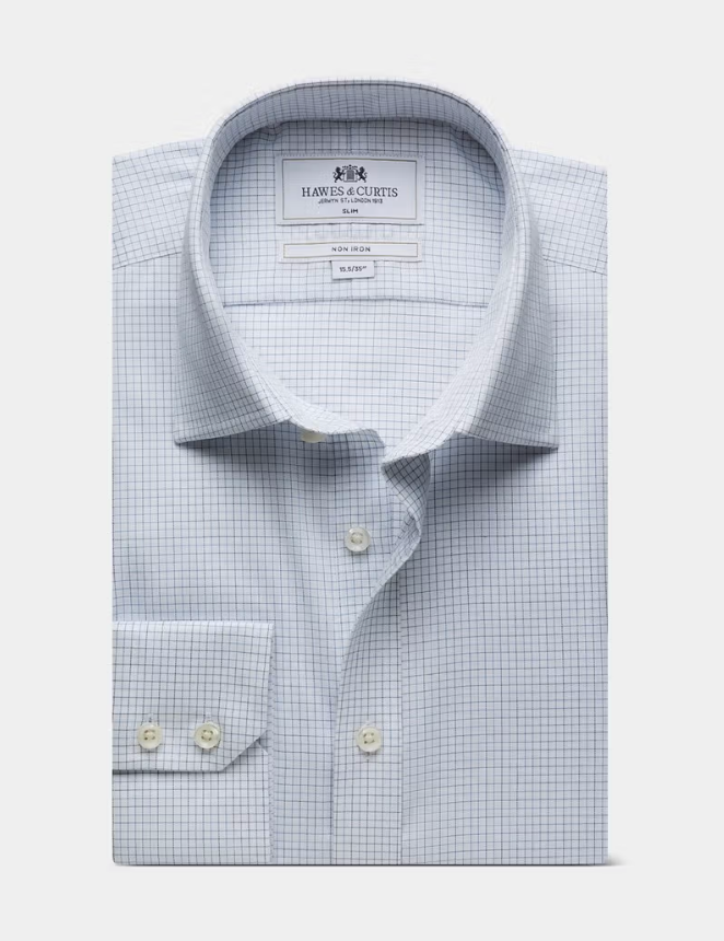 Hawes & Curtis Slim Fit Blue & White Grid Check Non-Iron Shirt